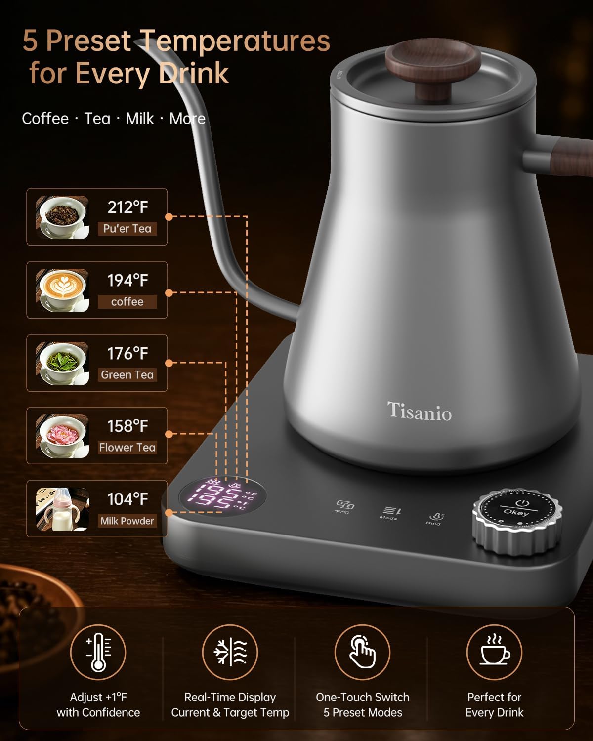 Gooseneck Electric Kettle with Temperature Control, 0.9L, Black | ±1°F Precision Pour Over Kettle, LCD Dual Display, Smart Two-Stage Heating, 2H Keep Warm, 304 Stainless Steel Interior