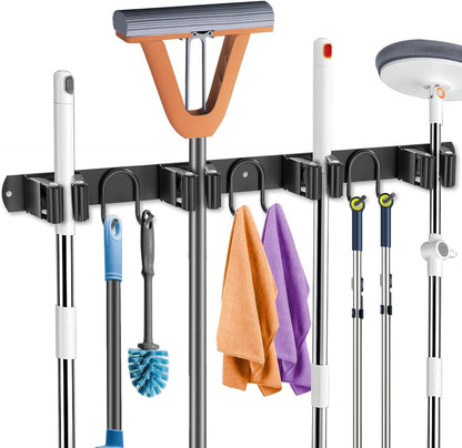 Mop Broom Holder Wall Mount, Gold Stainless Steel Tool Storage Organizer for Kitchen Garden Garage Laundry Room Bathroom and RV with 4 Slots 6 Hooks