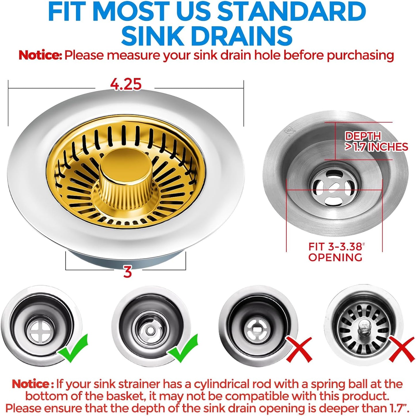 3 in 1 Kitchen Sink Drain Strainer Stopper Removable Basket Pop-Up | Kitchen Sink Food Strainer 1 Pack Silver Stainless - Food Catcher, Odor-Block Seal, Fits 3.5" Drain, Easy Clean