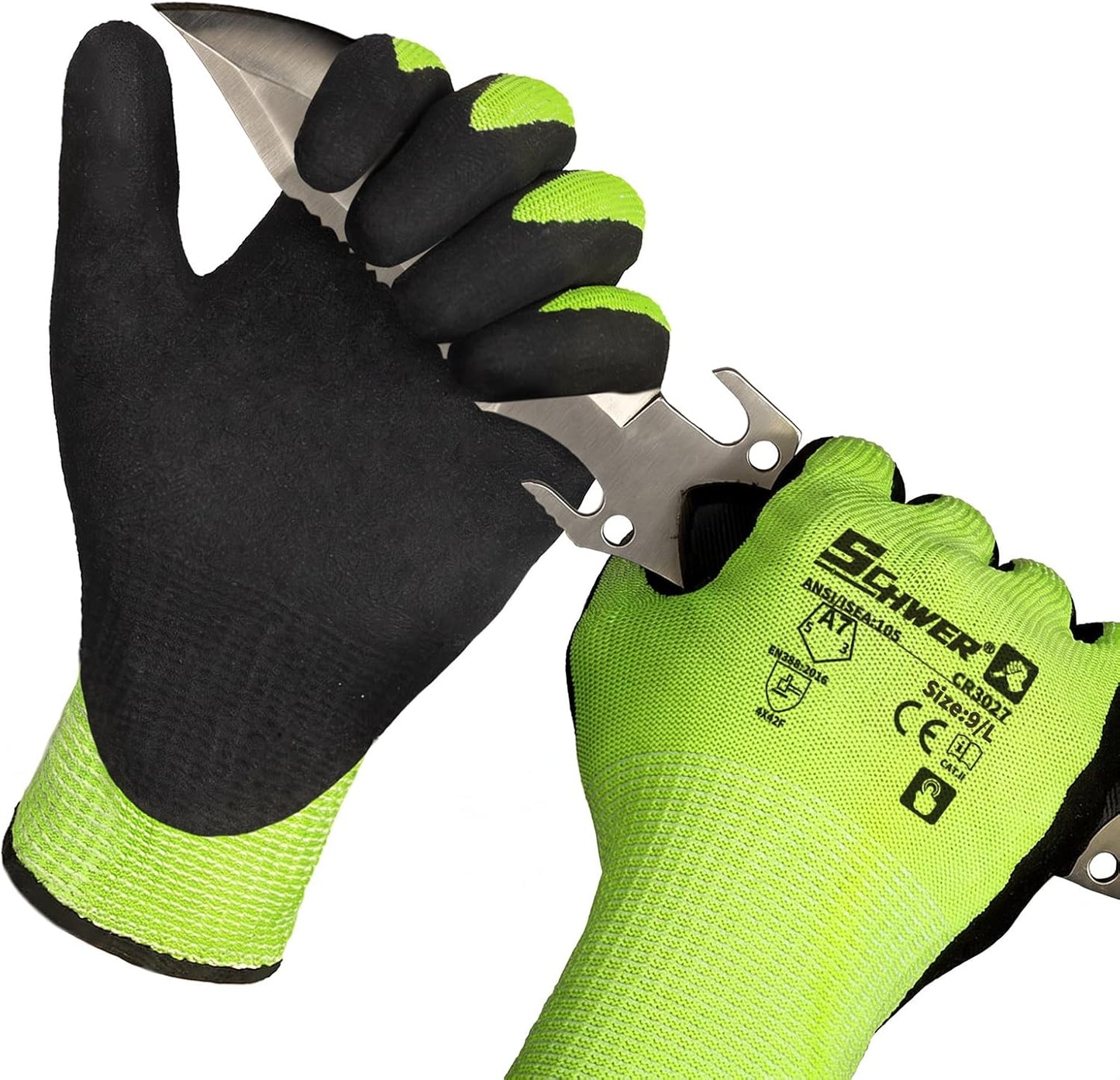 Schwer 2 Pairs A7 Cut Resistant Work Gloves, Touchscreen, CR3027, L | Sandy Nitrile Coated, Superior Grip, Used for Woodworking, Glass Cutting, Construction, Cargo Handling, Gardening, Car Repair