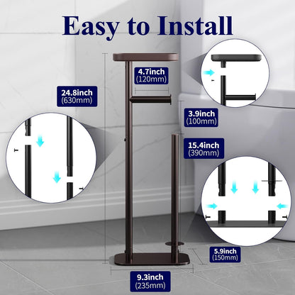 Kitsure Metal Toilet Paper Holder Free Standing, Medium, Black | Rustproof Toilet Paper Stand for 4 Rolls, Bathroom Organizers and Storage with Anti-Slip Base and Plastic Shelf