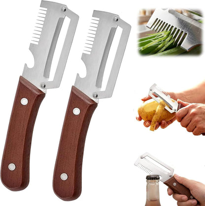 Multifunctional Vegetable Peeler,3 in 1 Stainless Steel Potato Peeler with Bottle Opener,Wooden Handle Fruit&Veggie Peeler for Kitchen,Carrot Apple Peeling Tool, GreenOnion Shredder Kitchen Gadget,1PC