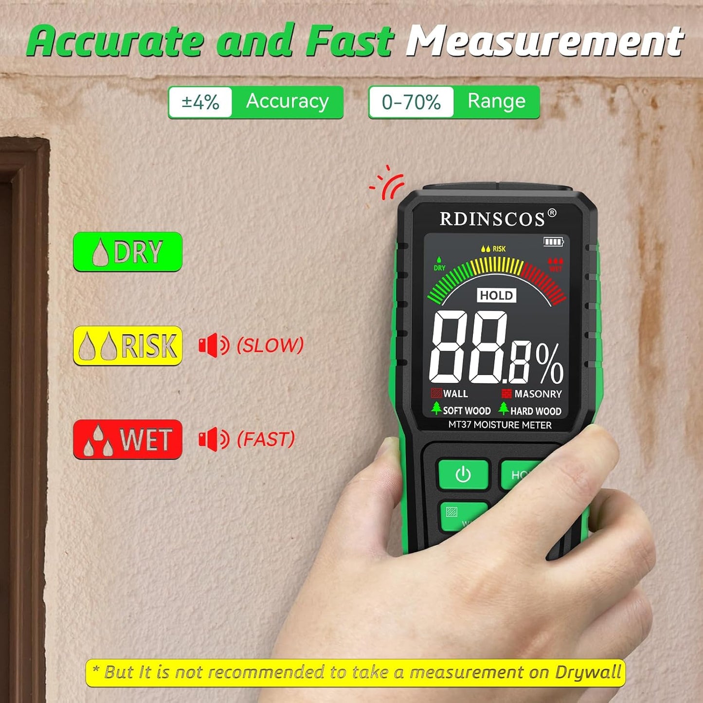 Pinless Moisture Meter for Wall,Floor – Digital Moisture Tester | With 3-Color LCD Display, Audible Alarm & HOLD Function, Ideal for Home Inspections