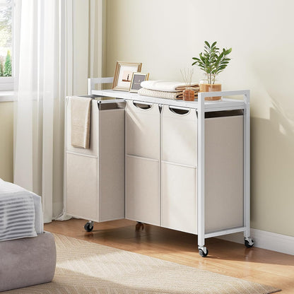HOOBRO Laundry Sorter 3 Section, Laundry Hamper with Wheels, 3 × 11.5 Gal (43.4L), Rolling Laundry Basket, Pull-Out and Removable Oxford Fabric Laundry Bags, Rustic Brown and Grey BFG76XY01