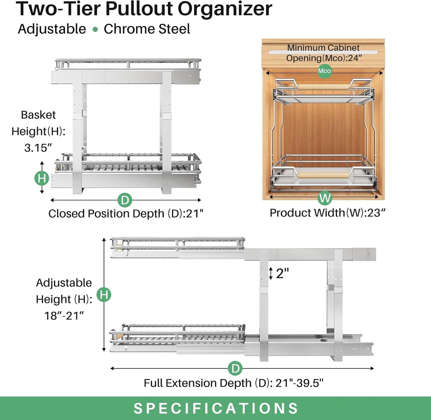 Pull out Cabinet Organizer, 15"W X 21"D, Heavy Duty Smooth Sliding Under Cabinet Shelves for Pots and Pans, Full-Extension Roll out Drawers, Slide out Organization for Home Kitchen Pantry