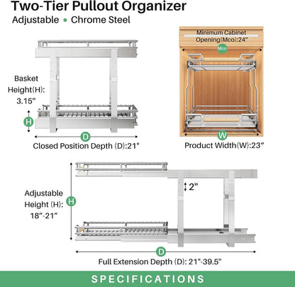Pull out Cabinet Organizer, 15"W X 21"D, Heavy Duty Smooth Sliding Under Cabinet Shelves for Pots and Pans, Full-Extension Roll out Drawers, Slide out Organization for Home Kitchen Pantry