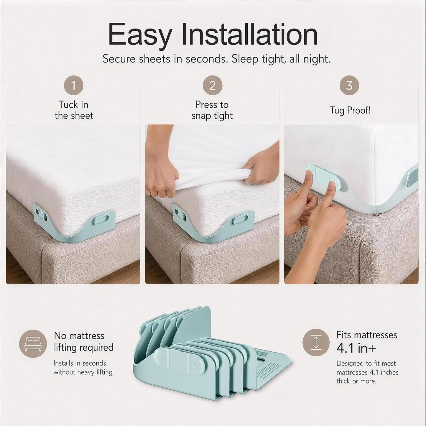 B-Land Bed Sheet Holders for Corners:4 Pack Non-Stretch External Clips- Fitted Sheet Grippers for Deep Pockets- No-Lift for Dorm & RV Beds, Keep Sheets Tight on Memory Foam & Twin-King (White+Grey)