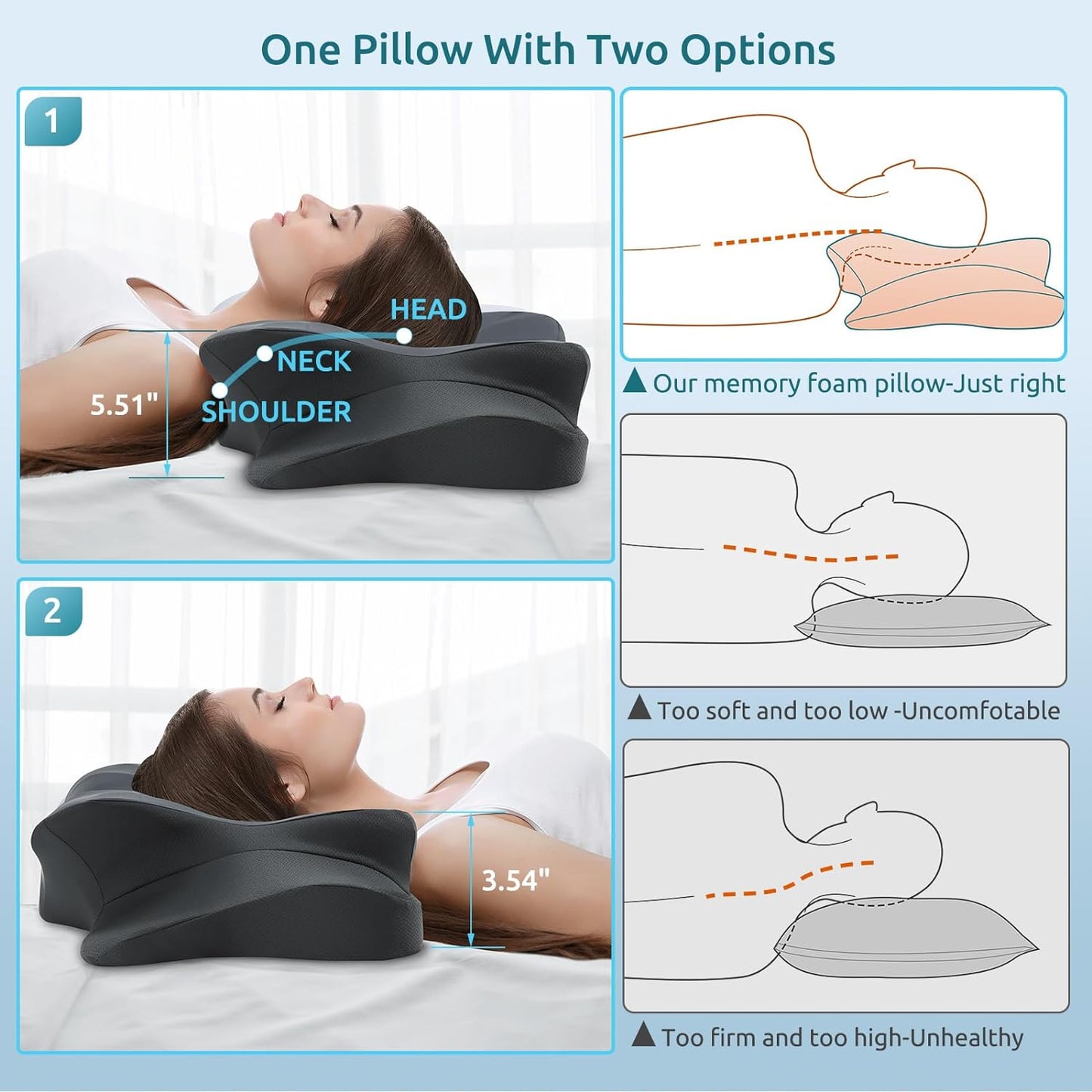 DONAMA Contour Cervical Neck Pillow for Neck Pain Relief | Queen,Ergonomic Dual-Height,Odorless Memory Foam,Side/Back/Stomach Sleepers,Cooling Hypoallergenic Cover,OEKO-TEX Certified