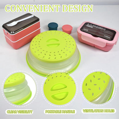 3 in 1 Microwave Splatter Cover 2 Pack Collapsible Food Cover for Food Heat Resistant Microwave Plate & Dish Cover with Handle Vented Silicone Splatter Guard Lid(Green)
