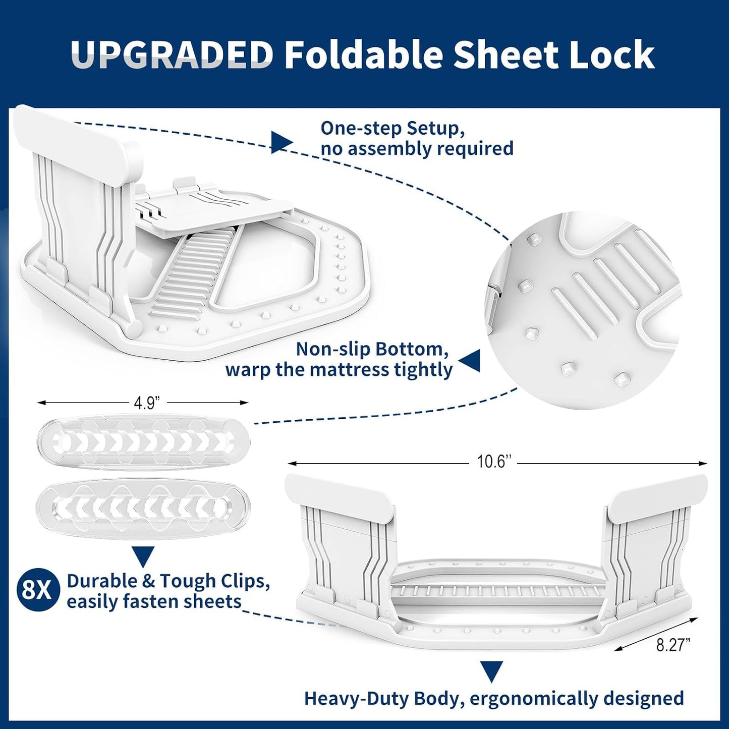 AMOVO Bed Sheet Holders for Corners Keep Sheets in Place Firmly - Foldable Fitted Sheet Holders Heavy Duty Sheet Locks Mattress Sheet Fasteners, Set of 4 Lock Sheet Clips (Snow-White)