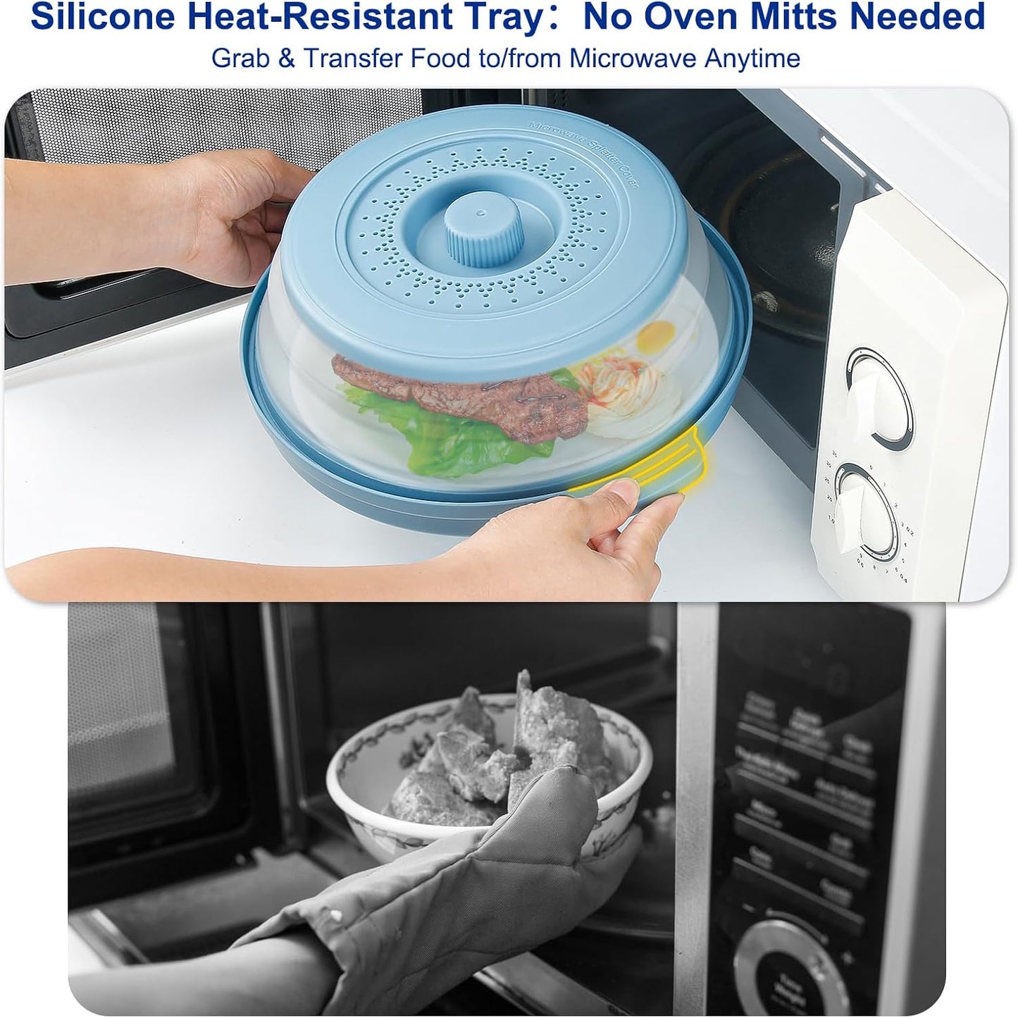 Microwave Splatter Cover for Food with Handle &Heat-Resistant Mat, 10.7" Collapsible Microwave Plate Cover - BPA Free, Dishwasher Safe Food Lid, Multi-Use Colander & Steamer for Meal Prep （Black）