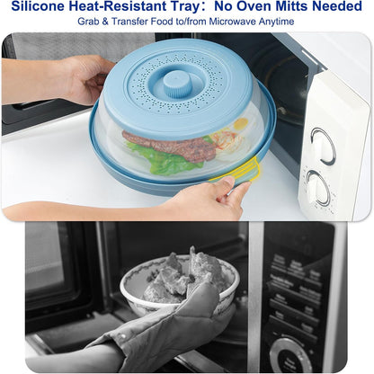 Microwave Splatter Cover for Food with Handle &Heat-Resistant Mat, 10.7" Collapsible Microwave Plate Cover - BPA Free, Dishwasher Safe Food Lid, Multi-Use Colander & Steamer for Meal Prep （Black）