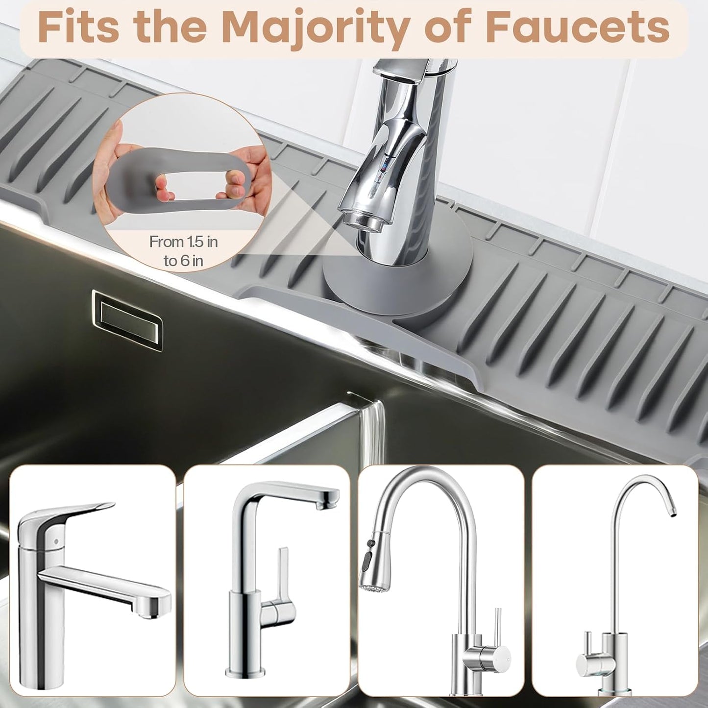15.75 Inch Kitchen Sink Faucet Mat, Sink Protector&Splash Guard | Silicone, 10°Slope, Fast Self-draining, Snap Lock Fit, for Kitchen and Bathroom Countertop -15.75"x 5.51"