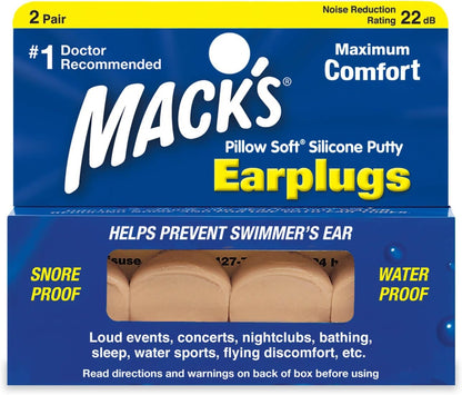 Mack’s Pillow Soft Silicone Earplugs – 2 Pair – The Original Moldable Silicone Putty Ear Plugs for Sleeping, Snoring, Swimming, Travel, Concerts and Studying