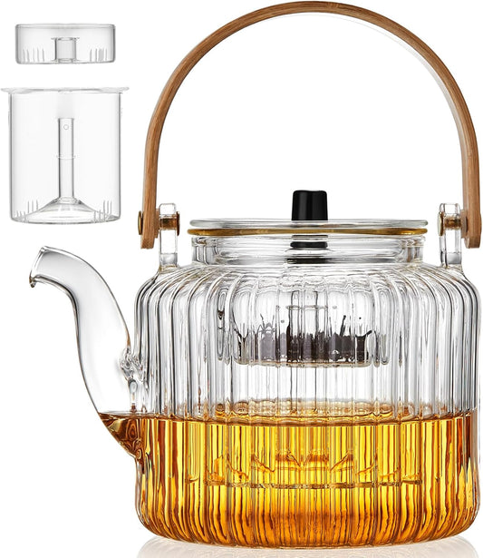 Glass Teapot with 2 Infusers 1100ml/37.2 fl oz, Heat-Resistant Borosilicate Glass Tea Pot with Infuser for Loose Leaf Tea, Stovetop Safe