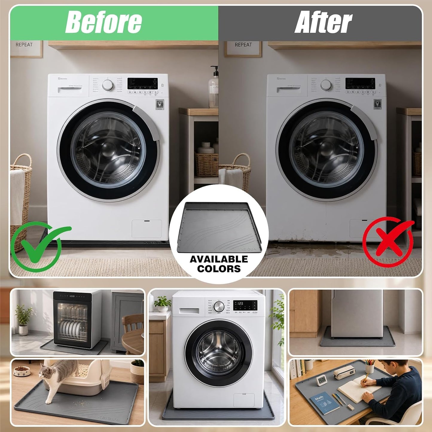Washing Machine Pan, Drain Pan, Large 33×30/4 LBS Silicone Drain Pan, Waterproof Non-Slip Drip Tray with Raised Edge, Anti-Vibration Floor Leak Protector for Washer, Dryer and Laundry Room