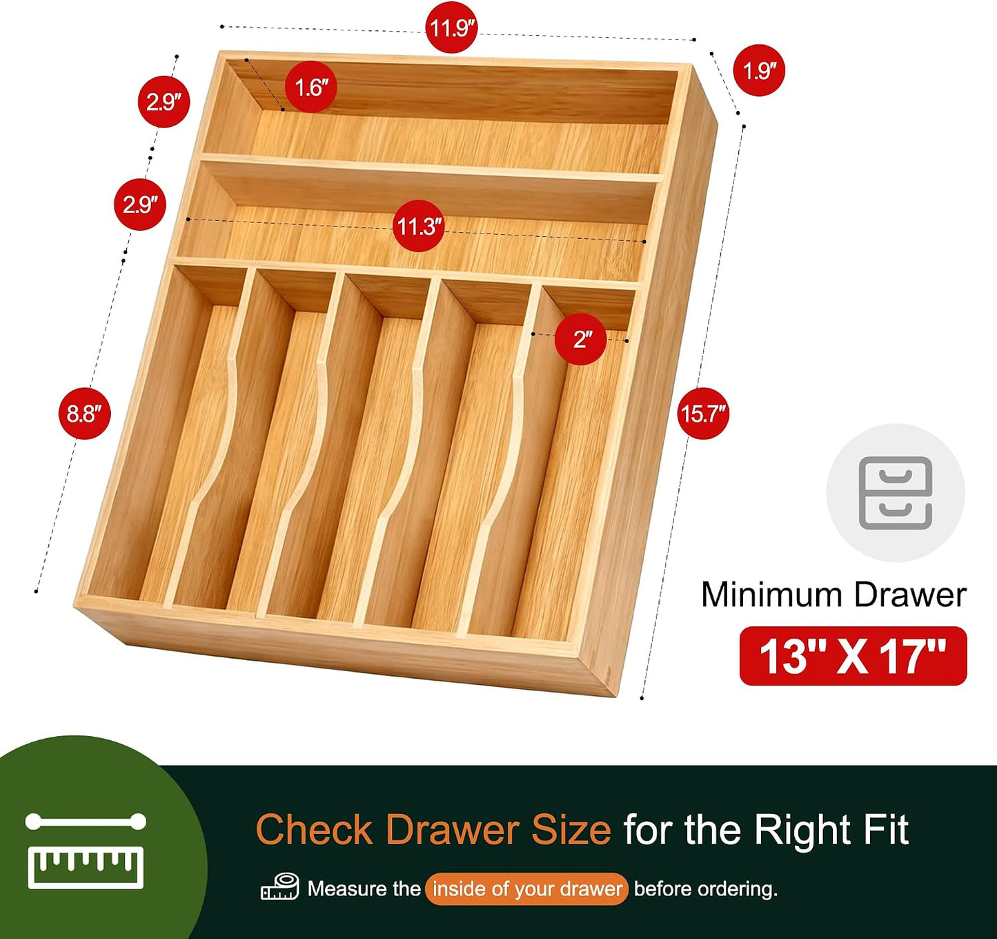 Expandable Bamboo Kitchen Drawer Organizer for Cutlery and Utensils, Adjustable Bamboo Wood Cutlery Tray in Drawer for Flatware and Silverware in Kitchen, (Natural)
