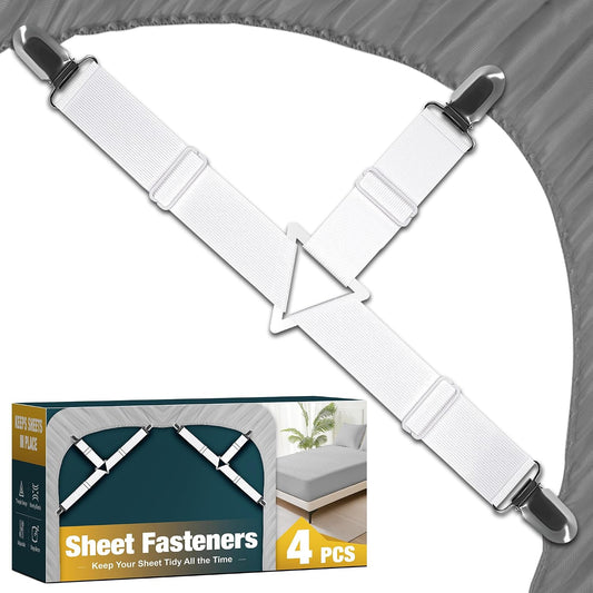 Adjustable Elastic Straps with Metal Clips, Bed Sheet Fasteners, Bedding Suspenders for Mattress Covers, Bed Corner Holders and Keepers (White)