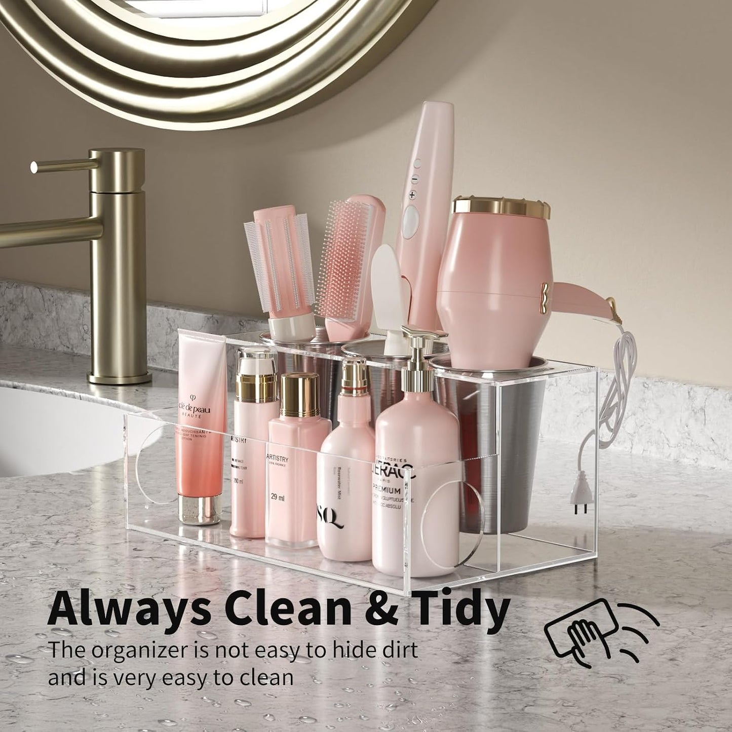 NIUBEE Acrylic Hair Tool Organizer,Hair Dryer Holder Countertop with 3 Cups | Clear, Hot Tools Organizer, Hair Blow Dryer Organizer for Curling Iron, Brush, Straightener, Makeup,Skincare,Vanity, Bathroom