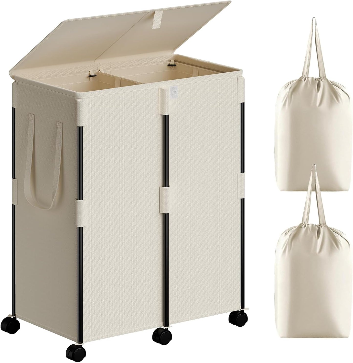140L Double Laundry Hamper with Lid and 6 Wheels, Rolling Laundry Basket | Gasvadivum Metal Frame Laundry Sorter 2 Section with 2 Removable Bags, Large Clothes Cart for Bedroom, Bathroom, Black
