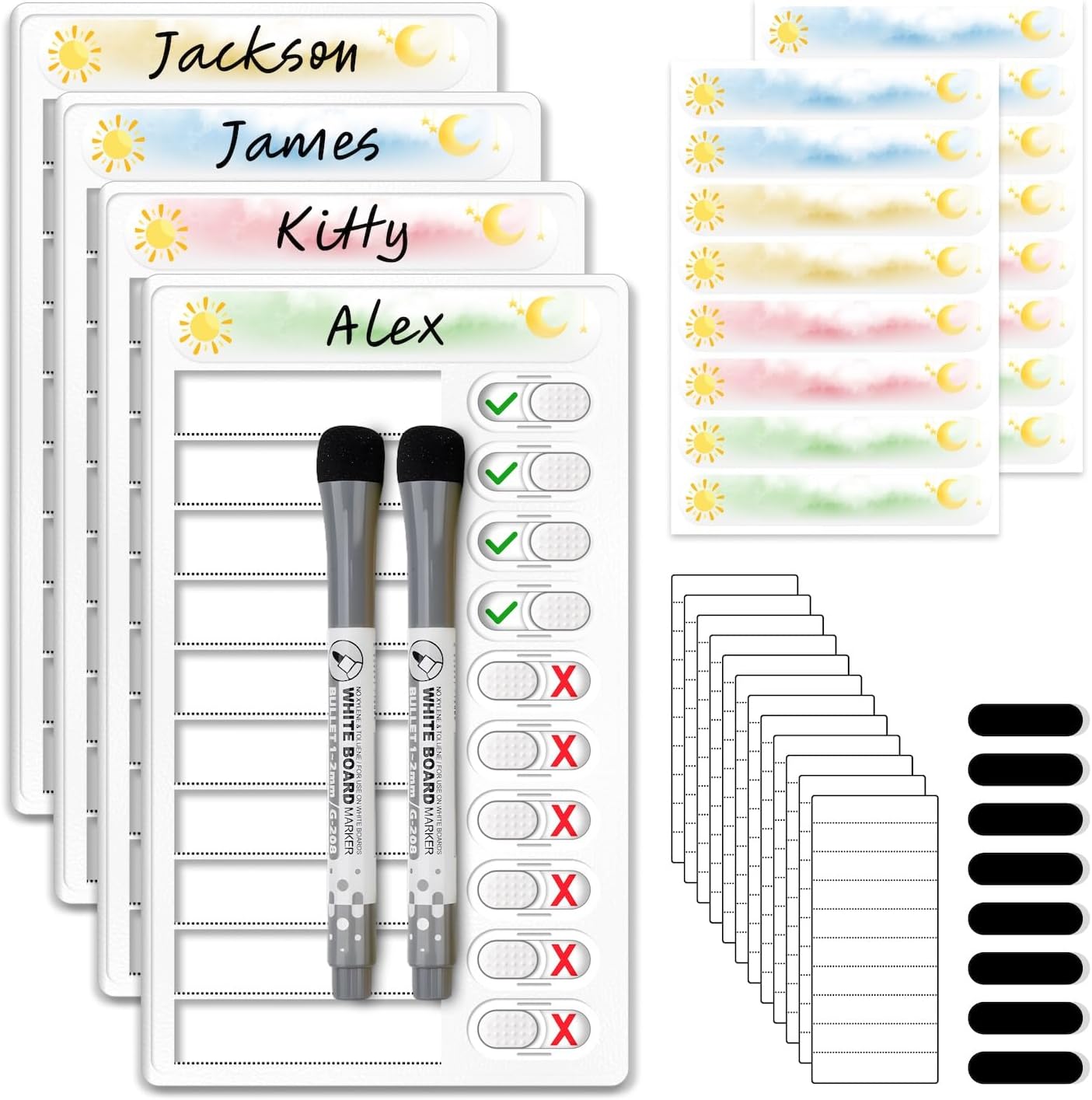Upgraded Slider Dry Erase Chore Chart for Kids, Whiteboard Magnetic Chore Chart for 2 Kids, Reusable Morning/Bedtime Routine Chart for Kid Toddlers Teens Adult, Visual Schedule for Kid with Autism
