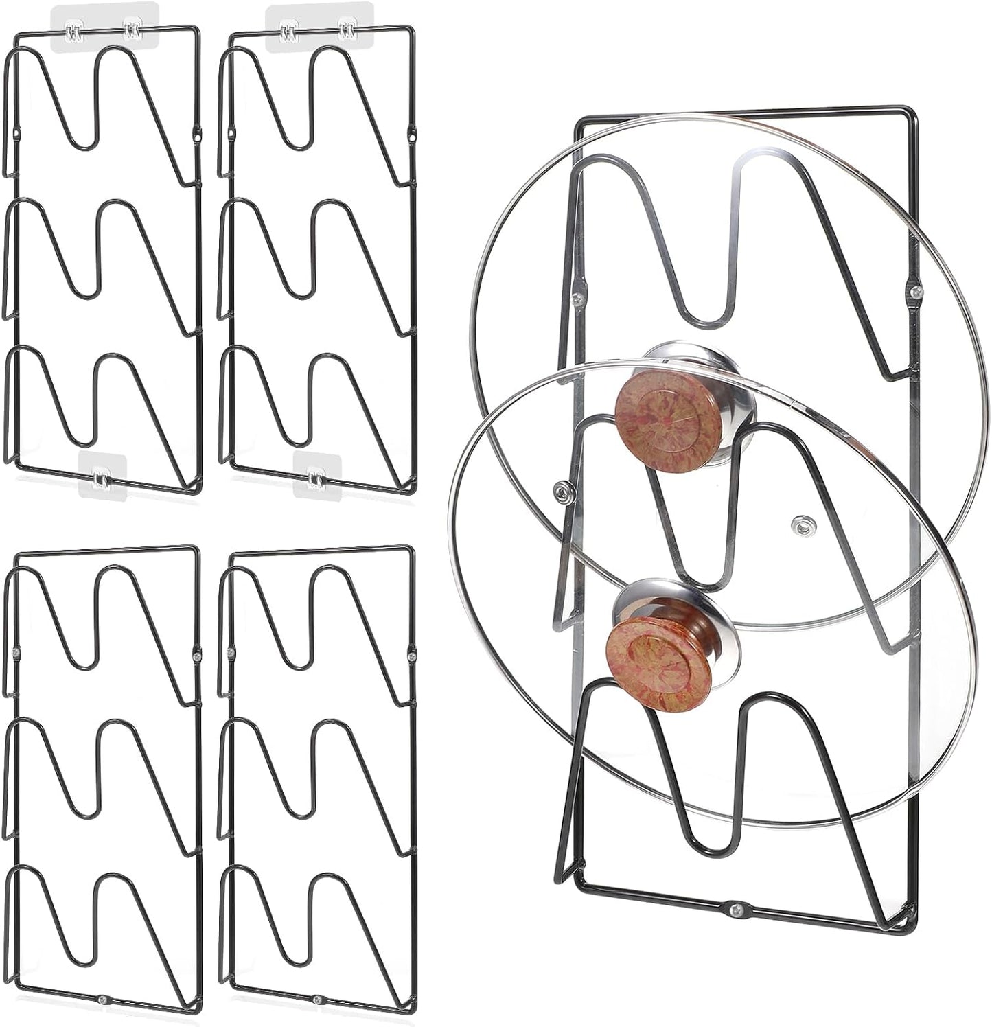 4-Pack Pot Lid Organizer – Heavy-Duty Metal Total 12 Tier Lid Rack for Cabinet, Wall, or Door, No-Drill Adhesive Mount – Space-Saving Kitchen Storage (Black)