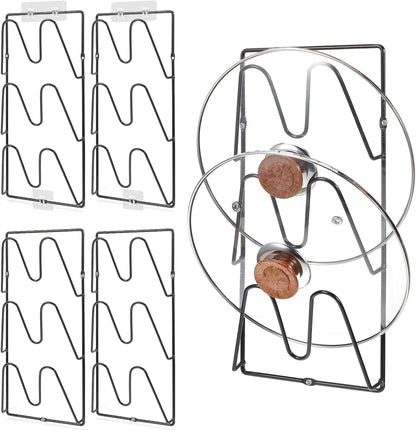 4-Pack Pot Lid Organizer – Heavy-Duty Metal Total 12 Tier Lid Rack for Cabinet, Wall, or Door, No-Drill Adhesive Mount – Space-Saving Kitchen Storage (Black)