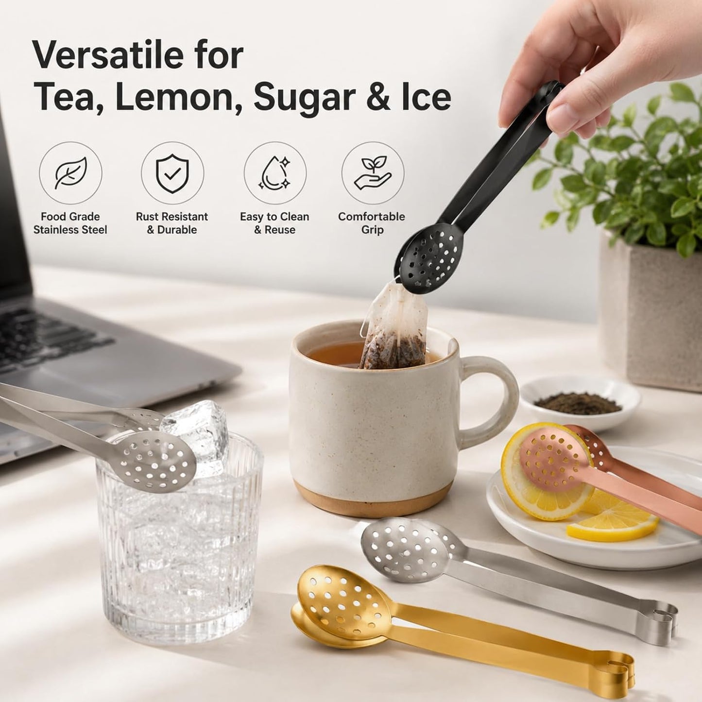 4PCS Tea Bag Squeezer, Tea Bag Dispenser and Tea Bar Accessories, Stainless Steel Tea Tongs Set for Gripping Teabags, Sugar Cubes, Ice or Lemon Slices