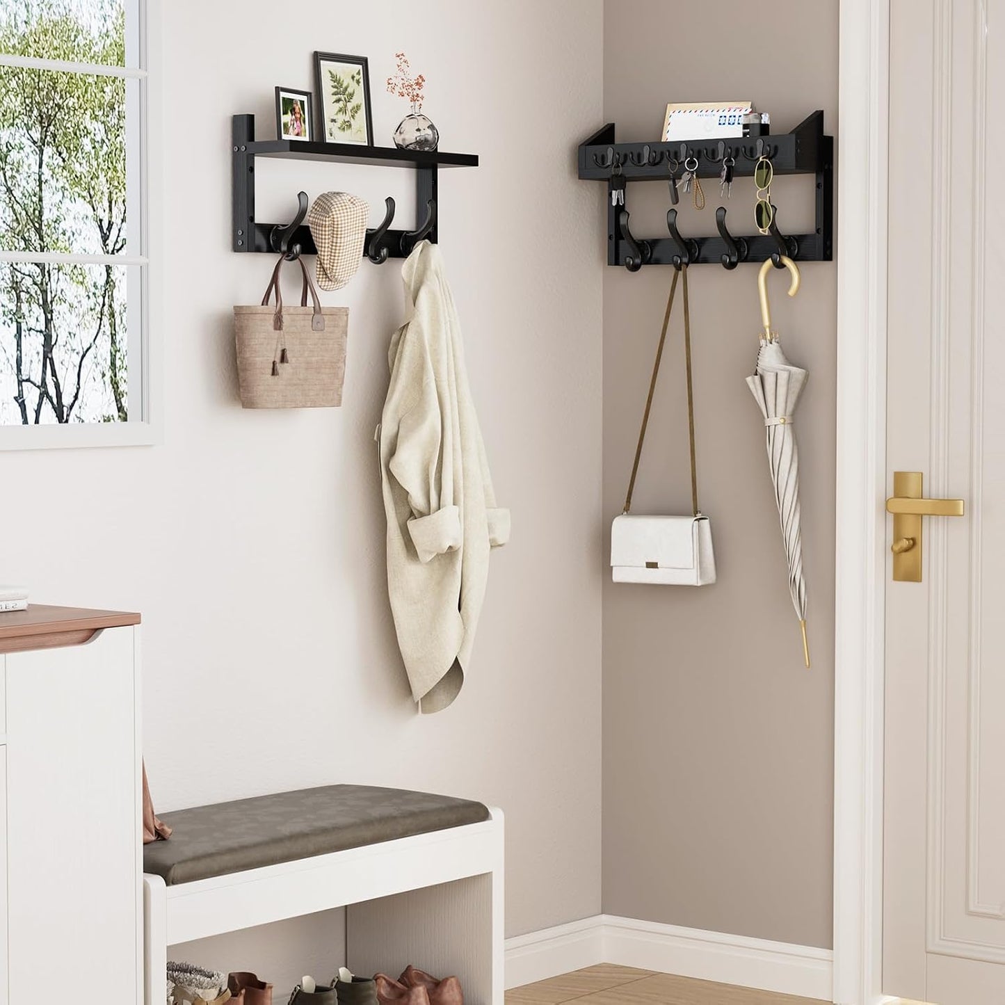Evermagin 29" Coat Rack Wall Mount with Shelf & 11 Hooks, Entryway, Black | Wooden Wall Mounted Coat and Key Rack with Hooks, Key Hanger with Mail Holder for Living Room, Mudroom, Bedroom