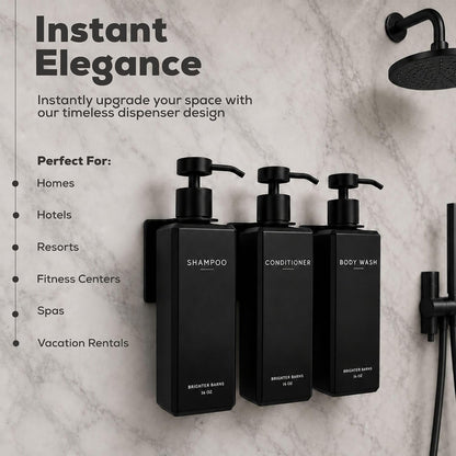 Luxury Shampoo and Conditioner Dispenser Set Wall Mounted by Brighter Barns - Refillable Shower Dispenser with Stainless Steel Pumps - Shampoo Bottles 3 Chamber No Drill for Airbnb, Spa, Hotel (White)