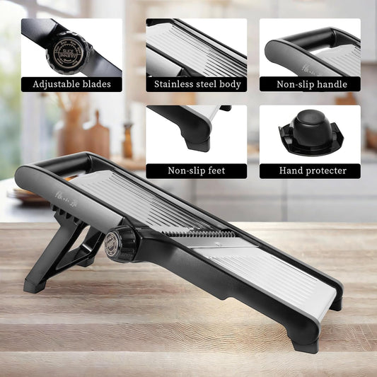 Adjustable Mandoline Slicer 5-in-1 Stainless Steel Vegetable Cutter with Ultra Sharp Blades, Julienne Slicer & Shredder for Potato, Onion