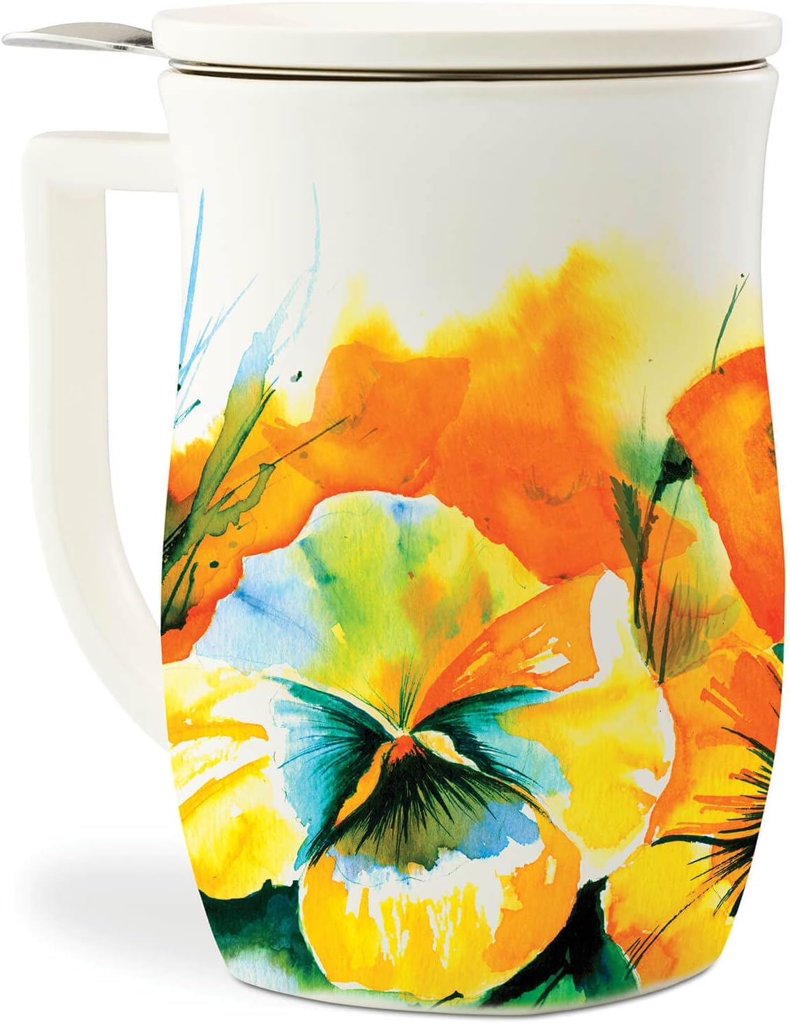 Tea Forte Ceramic Fiore Tea Cup with Infuser, Blue Agave, 14 oz | Insulated Ceramic - Stainless Steel Loose Leaf Infuser - Keeps Tea Hot Longer - Lid Included - Microwave & Dishwasher Safe