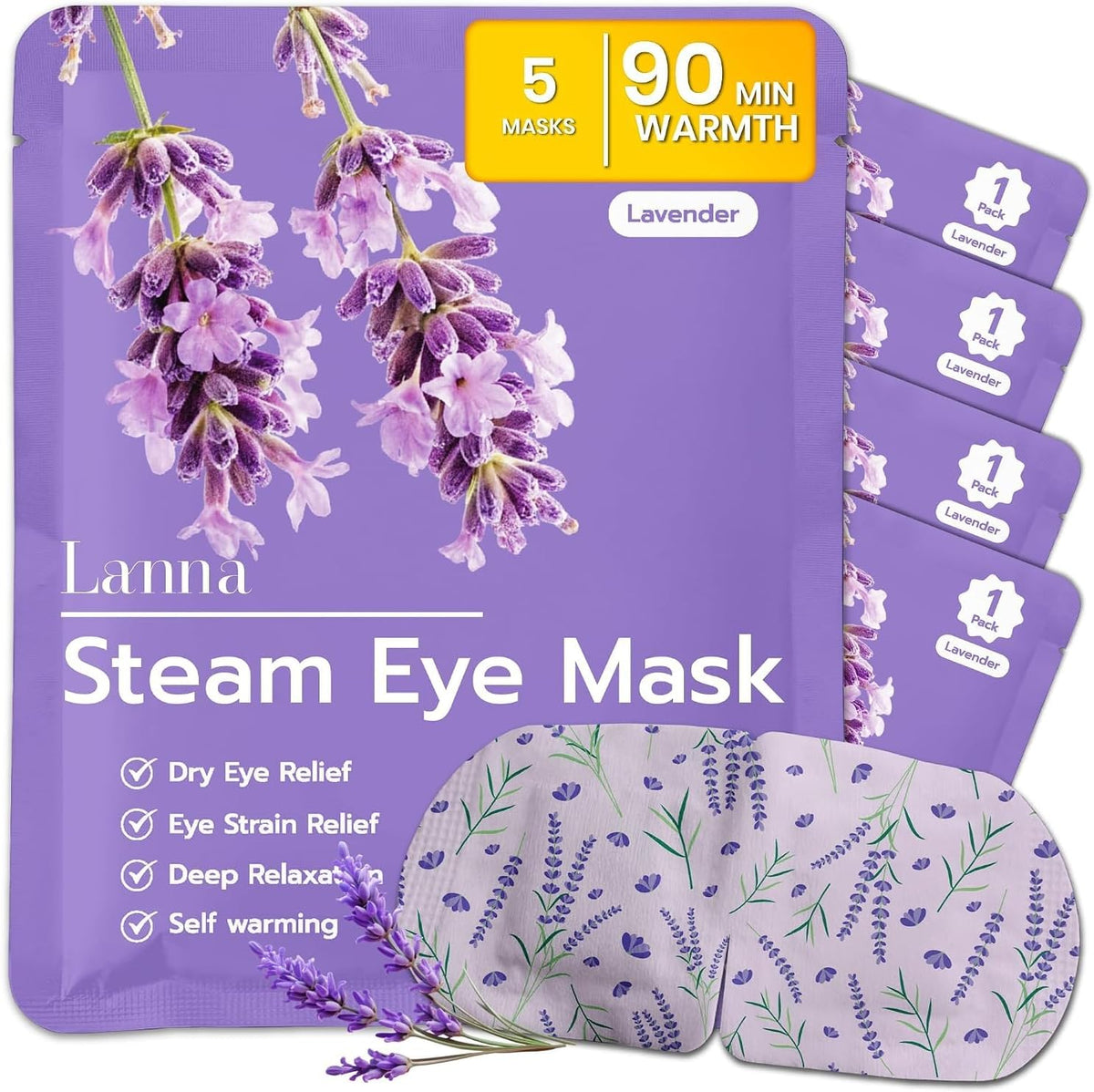LANNA Heated Steam Eye Mask, Disposable 120 Minutes, Lavender Scent, 5 Pcs