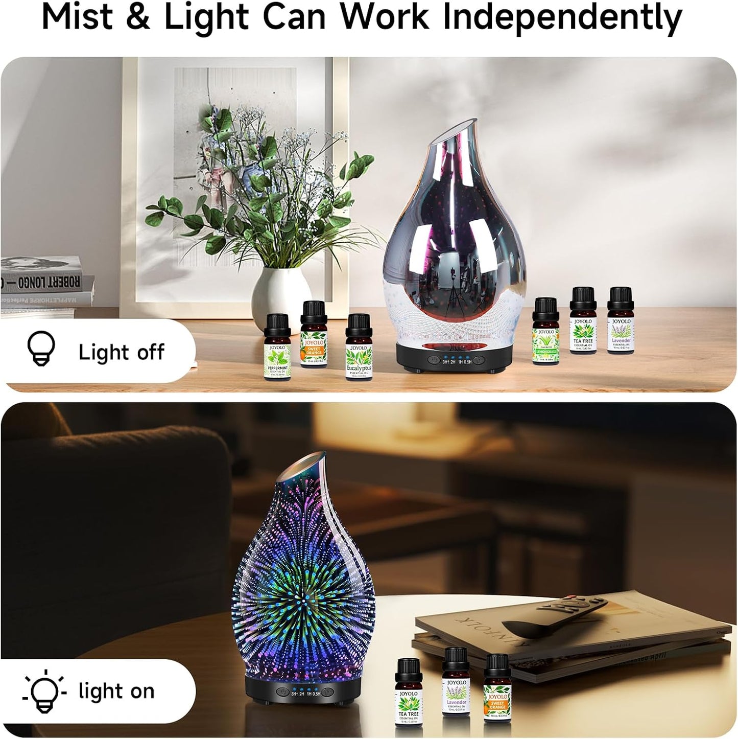 120ML Essential Oil Diffuser, 3D Glass Aromatherapy Diffuser with Auto Shut-Off and 7 Color LED Lights, Ultrasonic Mist Humidifier with 4 Timer for Home Office Bedroom (3D Fireworks)
