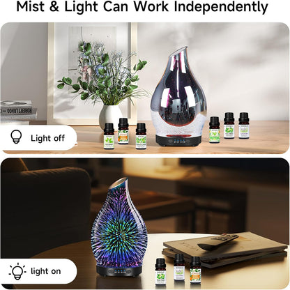 120ML Essential Oil Diffuser, 3D Glass Aromatherapy Diffuser with Auto Shut-Off and 7 Color LED Lights, Ultrasonic Mist Humidifier with 4 Timer for Home Office Bedroom (3D Fireworks)