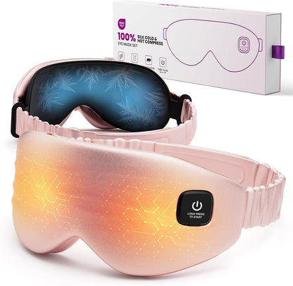 100% Silk Wireless Heated Eye Mask with Cooling, Relieves Dry Eye Syndrome and Puffy, Reduces Dark Circles, Adjustable Velcro Design and Washable Cover, Suitable for Travel & Gifts-Pink. | 3 Heat Levels; 15-Minute Auto-Off; 1500mAh Battery; Type-C