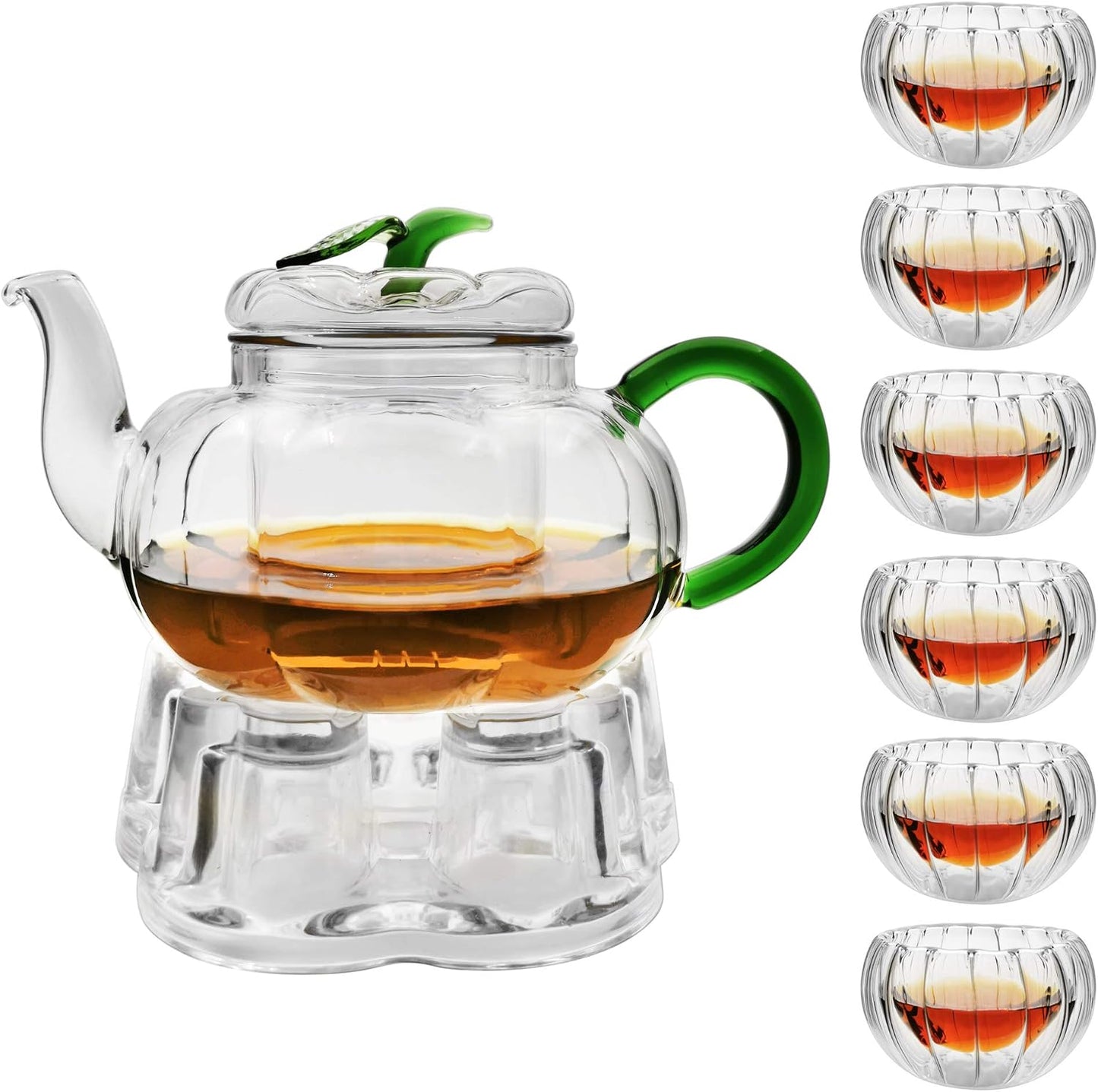 Glass Filtering Tea Maker Teapot with a Warmer and 6 Double-walled Tea Cups Set (Heating base, Standard)