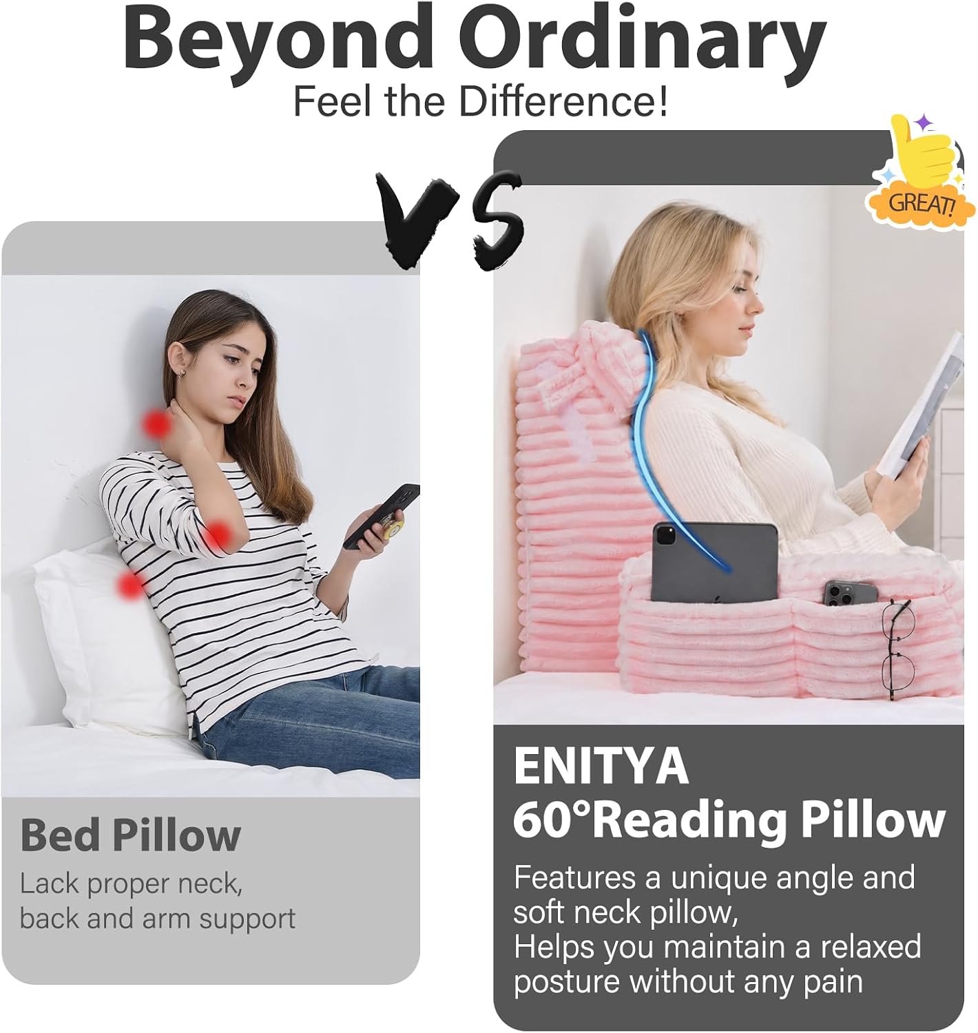 ENITYA 22" XL Back Pillow for Bed Sitting Up with Armrests & Big Pockets | Reading Pillow for Bed, Soft Back Support Chair, Ideal for Watching TV, Gaming, Nursing, Resting, Post Surgery, Dark Grey