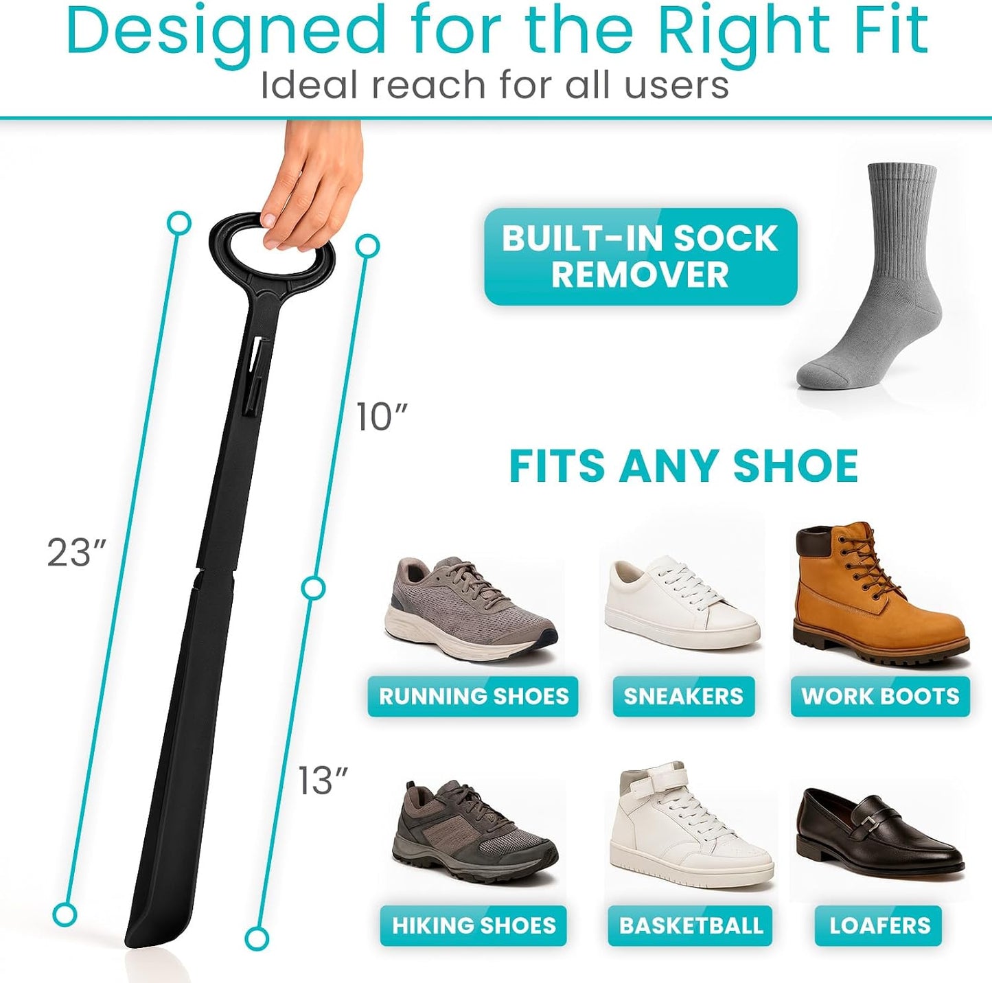 Vive Long Shoehorn for Seniors with Handle 23" | Sock Remover, Long Handled for Men & Women, Boot Shoe Helper and Sock Aid, Extra Reach, Patent-Pending Foldable
