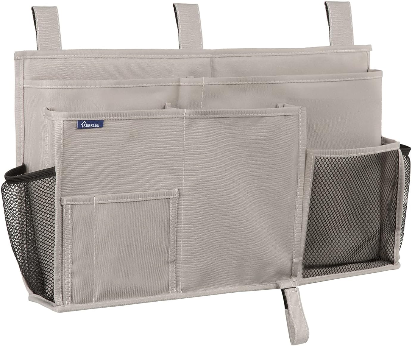 Surblue Bedside Caddy Hanging Organizer Storage Bag Pocket for Bunk, Hospital, College Dorm Rooms, Baby Bed Rails, Camp - 4 Pockets, 2 Hooks (Blue)