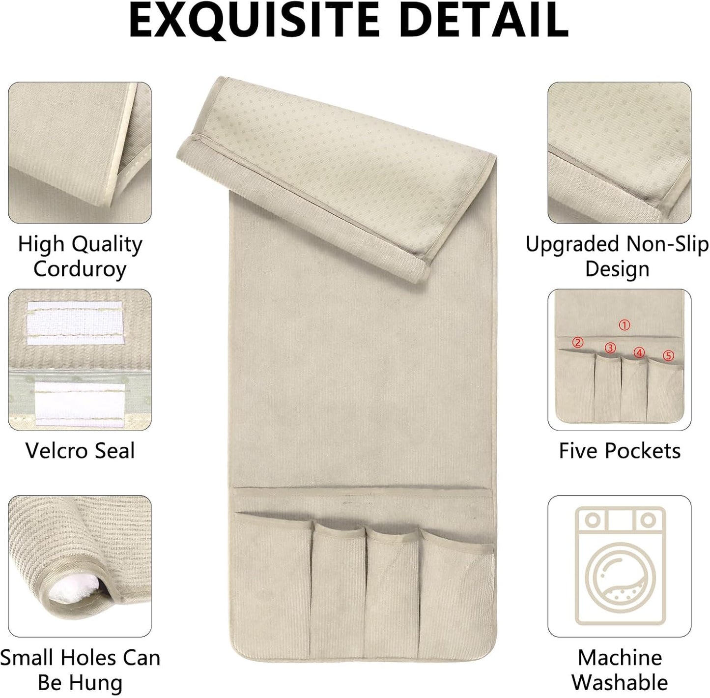 Remote Control Holder, Anti Slip Armchair Caddy Couch Caddy with 5 Pockets | Remote Holder Couch Caddy with 5 Pockets for Storage Accessories Bedside Organizer Senior Gifts (Beige,35''x12.4'')