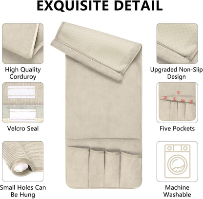 Remote Control Holder, Anti Slip Armchair Caddy Couch Caddy with 5 Pockets | Remote Holder Couch Caddy with 5 Pockets for Storage Accessories Bedside Organizer Senior Gifts (Beige,35''x12.4'')