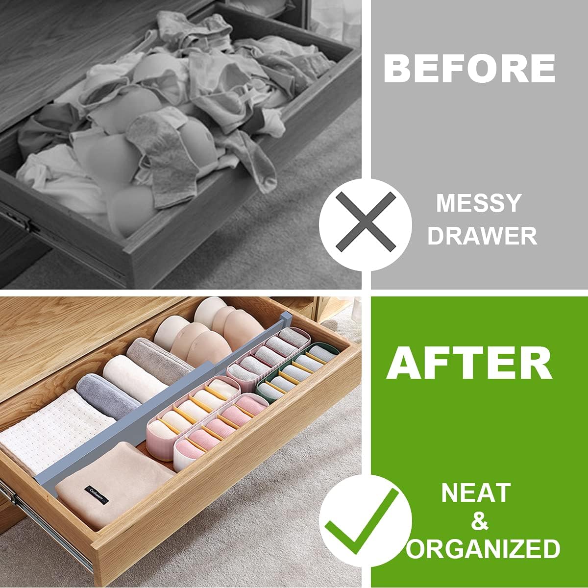 Bamboo Drawer Dividers Organizers, Drawer Separators Splitter,17-22 inches Long Adjustable Spring-loaded Organizer for Large Utensil, Clothes, Tools Drawers(yellow)