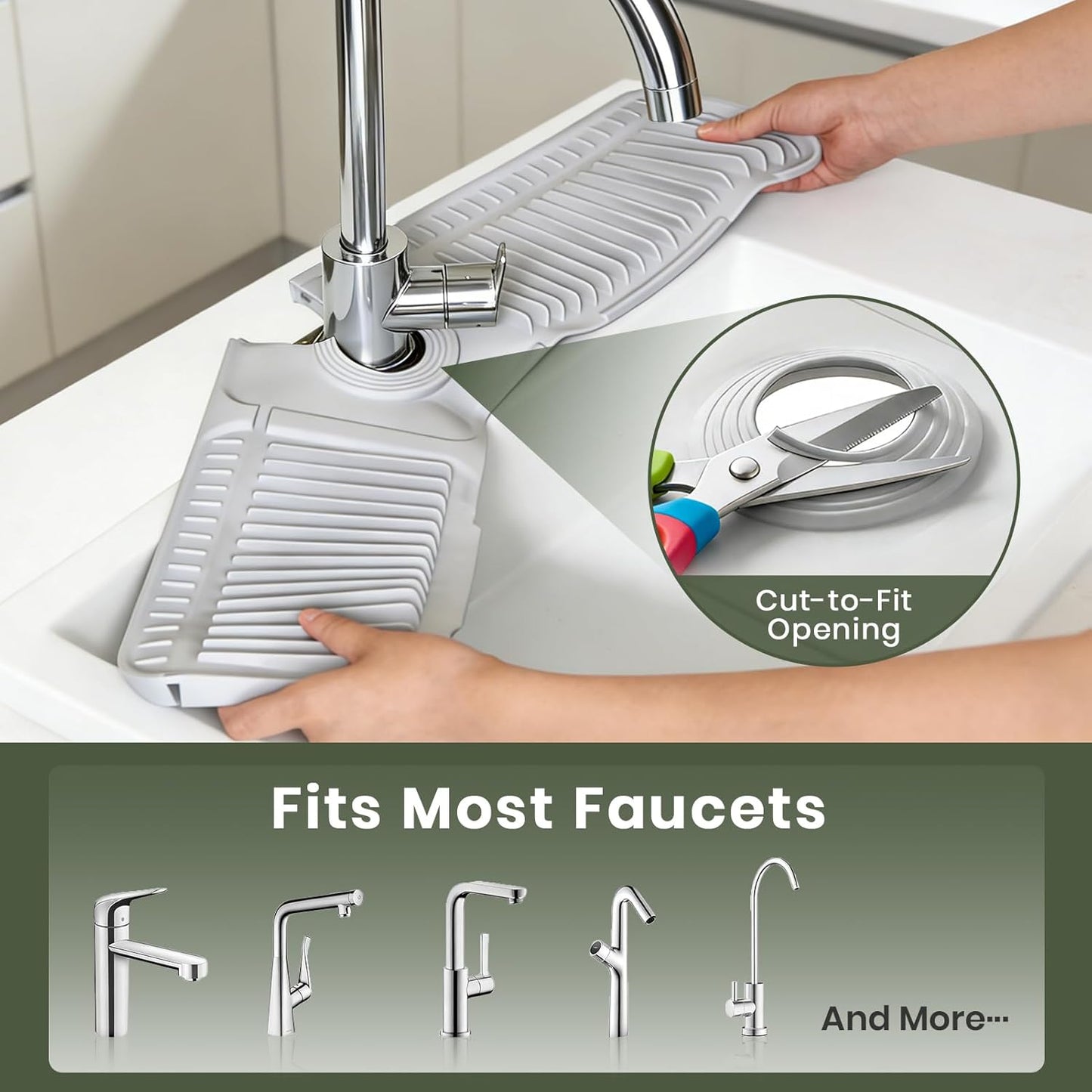 24 Inch Faucet Mat for Kitchen Sink, Silicone Splash Guard for Kitchen Sink Area, 7° Slope Fast Self-Draining Sink Mat, Cuttable Hole Design, Sink Backsplash Guard Draining Mat, Grey