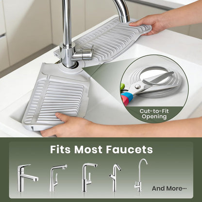 24 Inch Faucet Mat for Kitchen Sink, Silicone Splash Guard for Kitchen Sink Area, 7° Slope Fast Self-Draining Sink Mat, Cuttable Hole Design, Sink Backsplash Guard Draining Mat, Grey