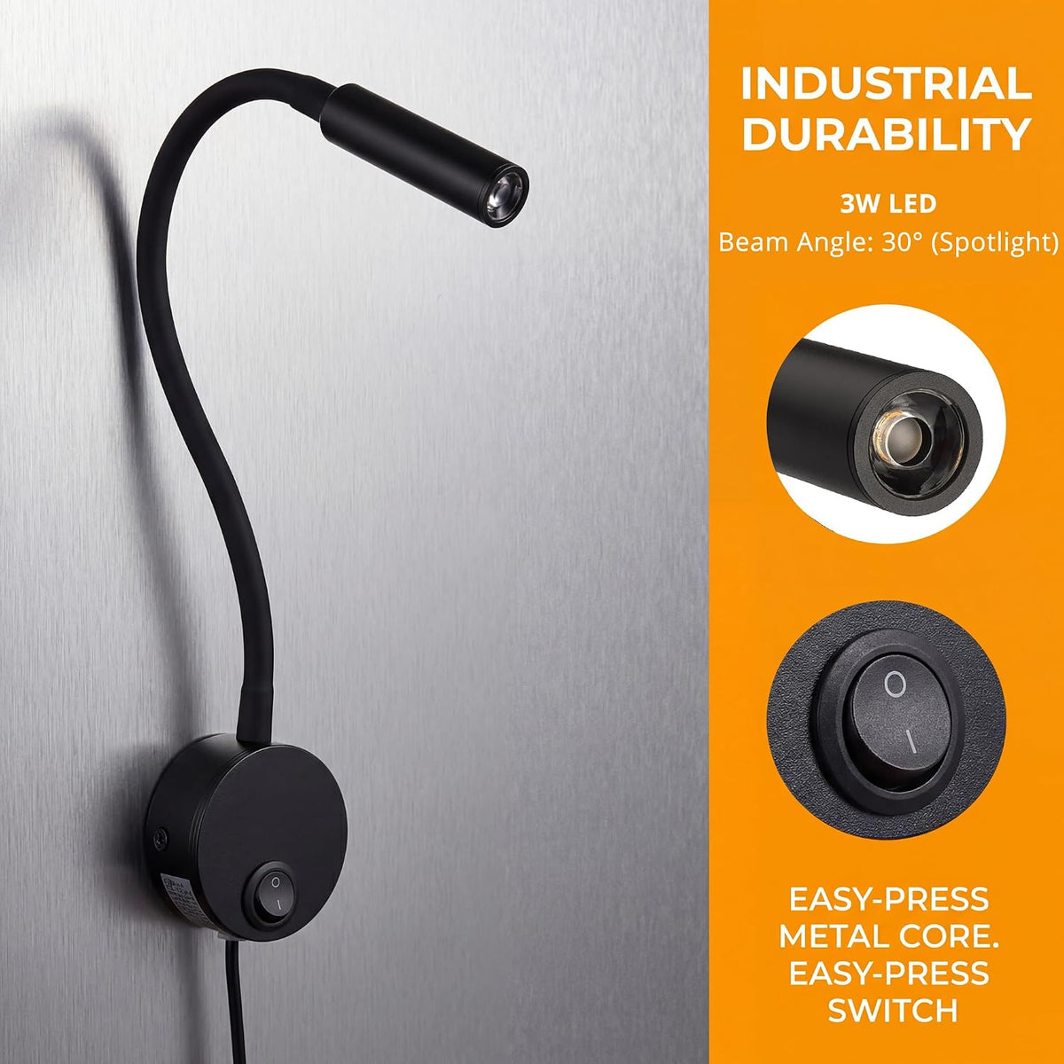 Wall Mounted LED Reading Lamp Focused 25° Spotlight for Bedroom headboard Marine Cabin Boat Yacht Interior Light Hotel Suite Hospital Patient Room Bedside Sconce 4.92ft Cord