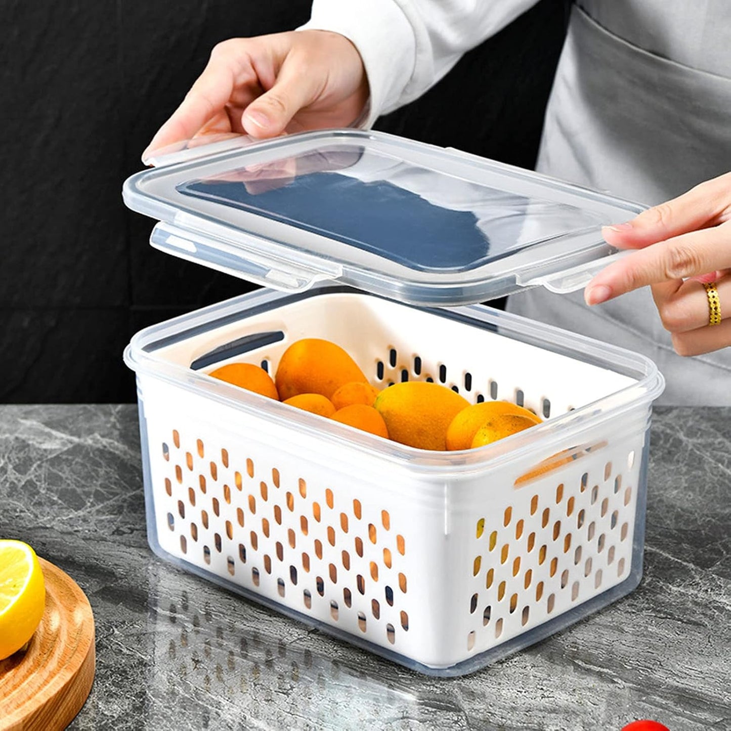 Fruit Storage Container for Fridge, Vegetable Produce Storage Saver Containers with Lid for Refigerator, Food Storage Containers with Colander, Plastic Fresh Keeper for Fruit Vegetable(1750ML)