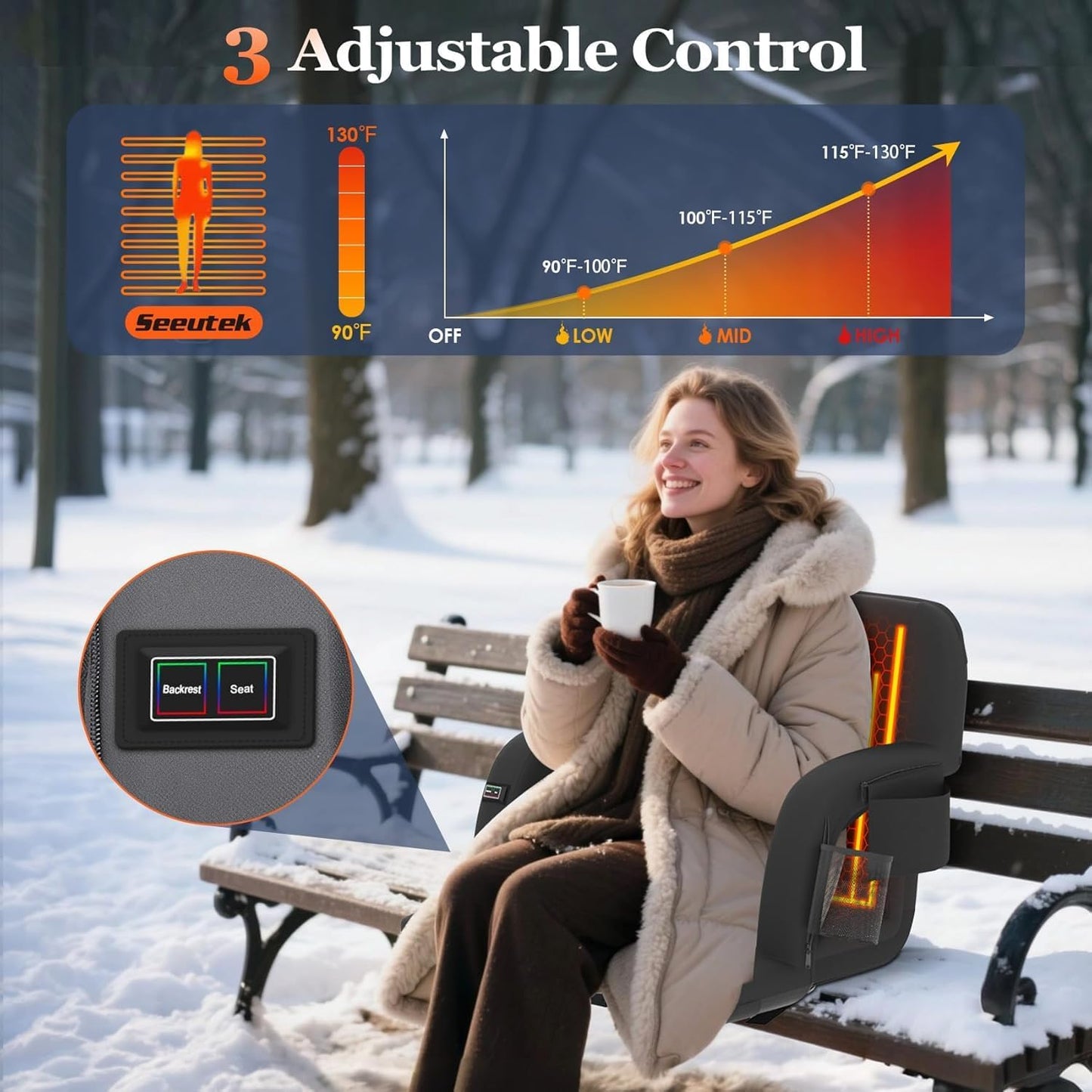 Seeutek Heated Stadium Seats for Bleachers with Back Support | 3 Level Heated Seat & Back (NO Battery), 6 Recline Positions, Soft Cushion, 5 Pockets, Foldable, Anti-Slip, Backpack Straps