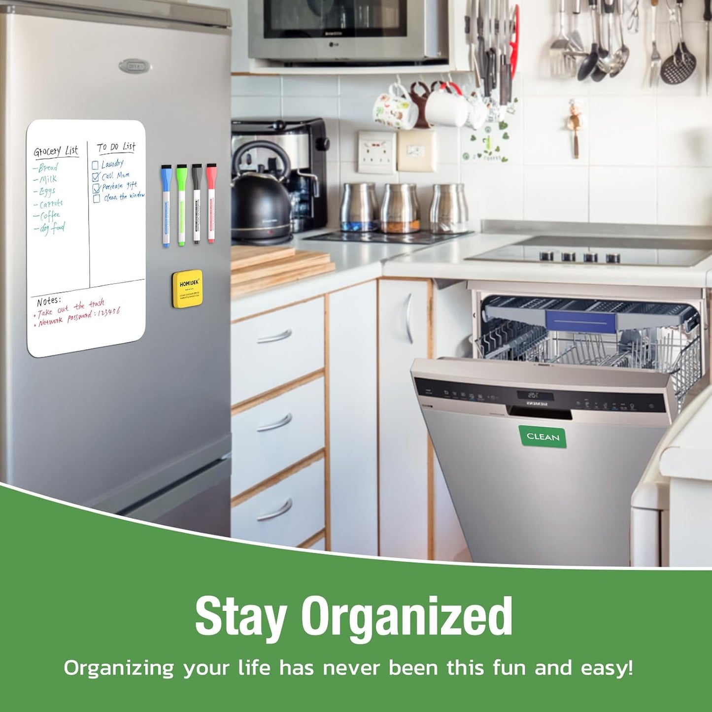 Magnetic Dry Erase Board: Small Fridge Whiteboard, Flexible Refrigerator Magnet White Board, Blank Writing Note Sheet with Dishwasher Magnet Clean Dirty Sign, 4 Markers & Eraser - 12 x 8