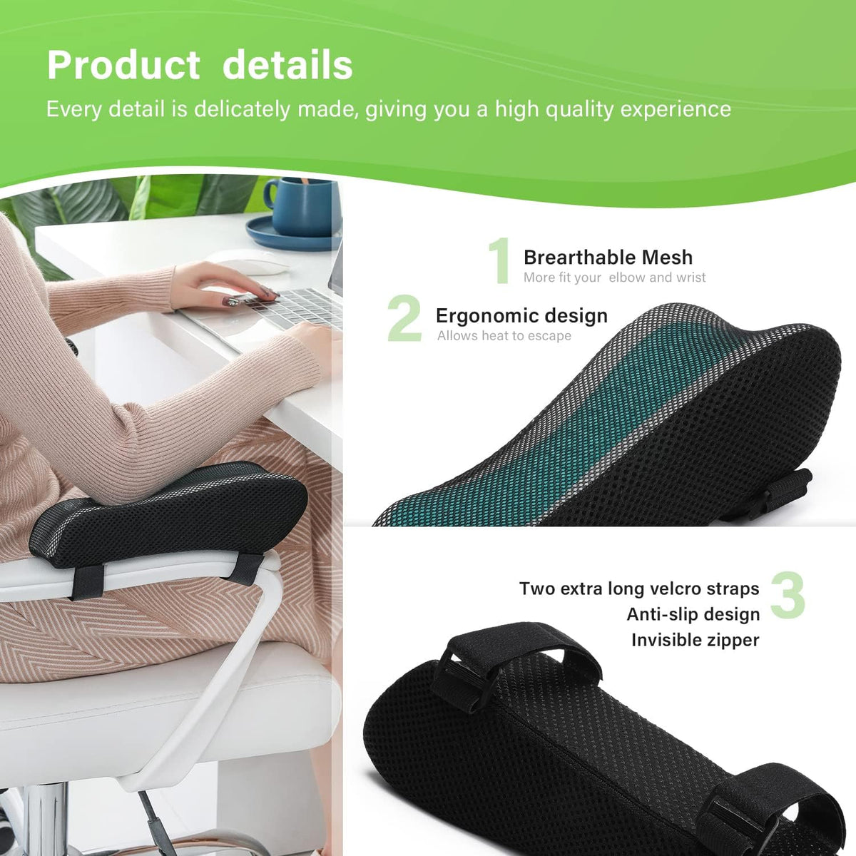 LargeLeaf Chair Armrest Cooling Gel Cushions Elbow Pillow Pressure Relief Office Chair Gaming Chair armrest with Memory Foam armrest Pads 2-Piece Set of Chair
